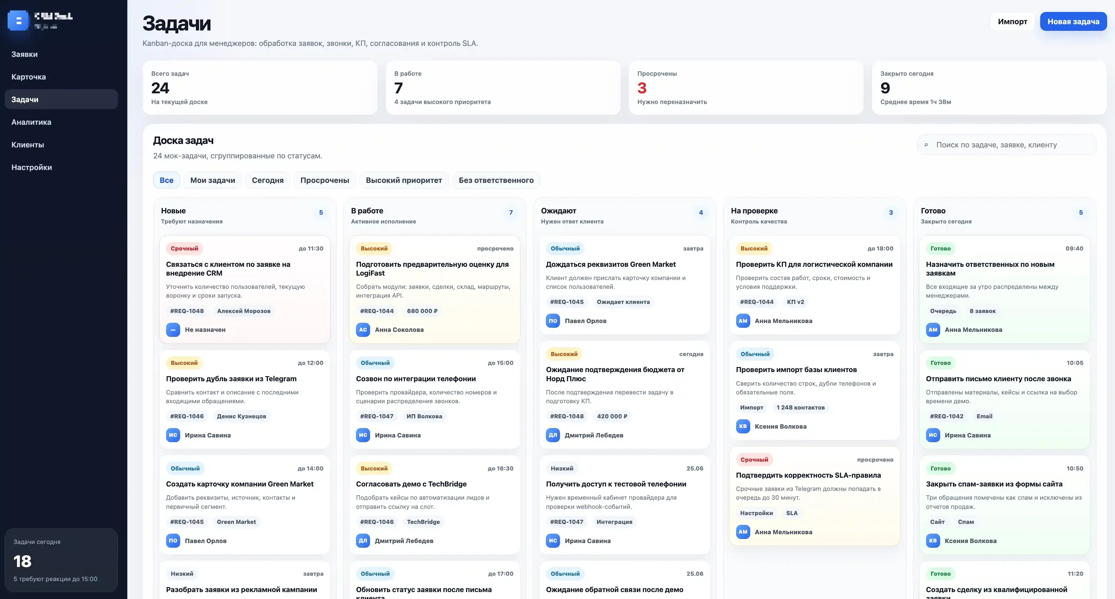Канбан-доска задач CRM по этапам выполнения